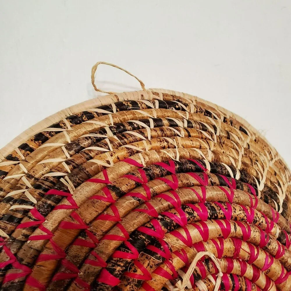 Handwoven Natural Straw Basket with Magenta & Black Accents, 13